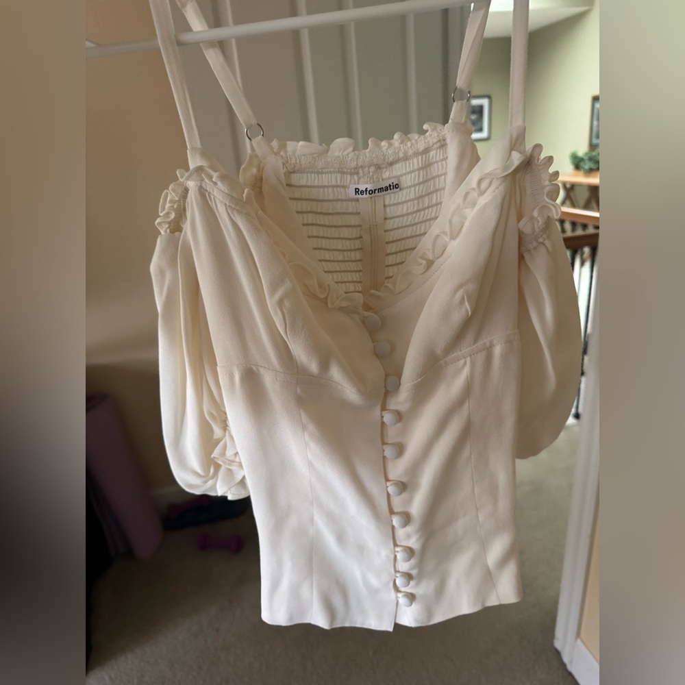 Reformation Ivory Ruffle Button Dress